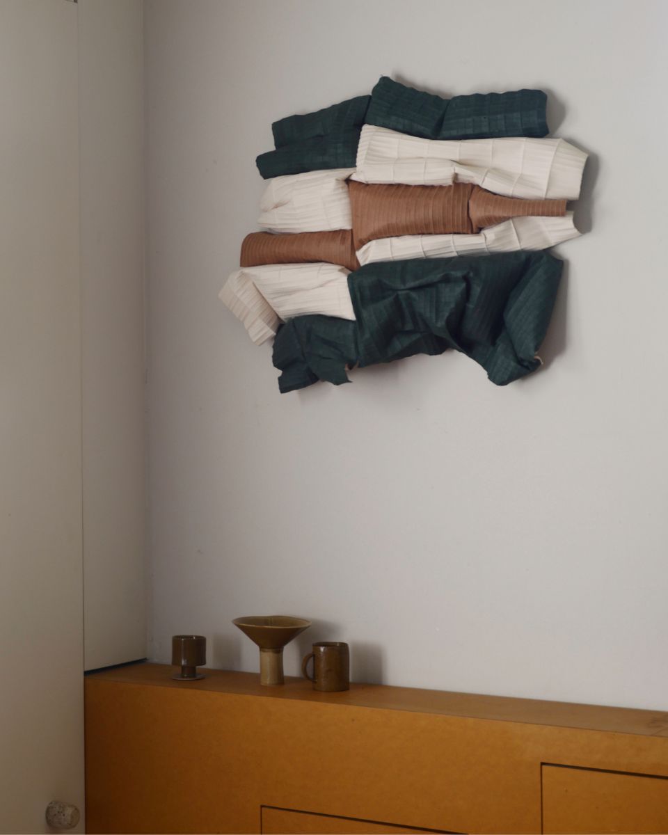 Tom Collison artwork from his ‘Paper Stripes’ collection in situ for the March Drop 2026 at Partnership Editions.