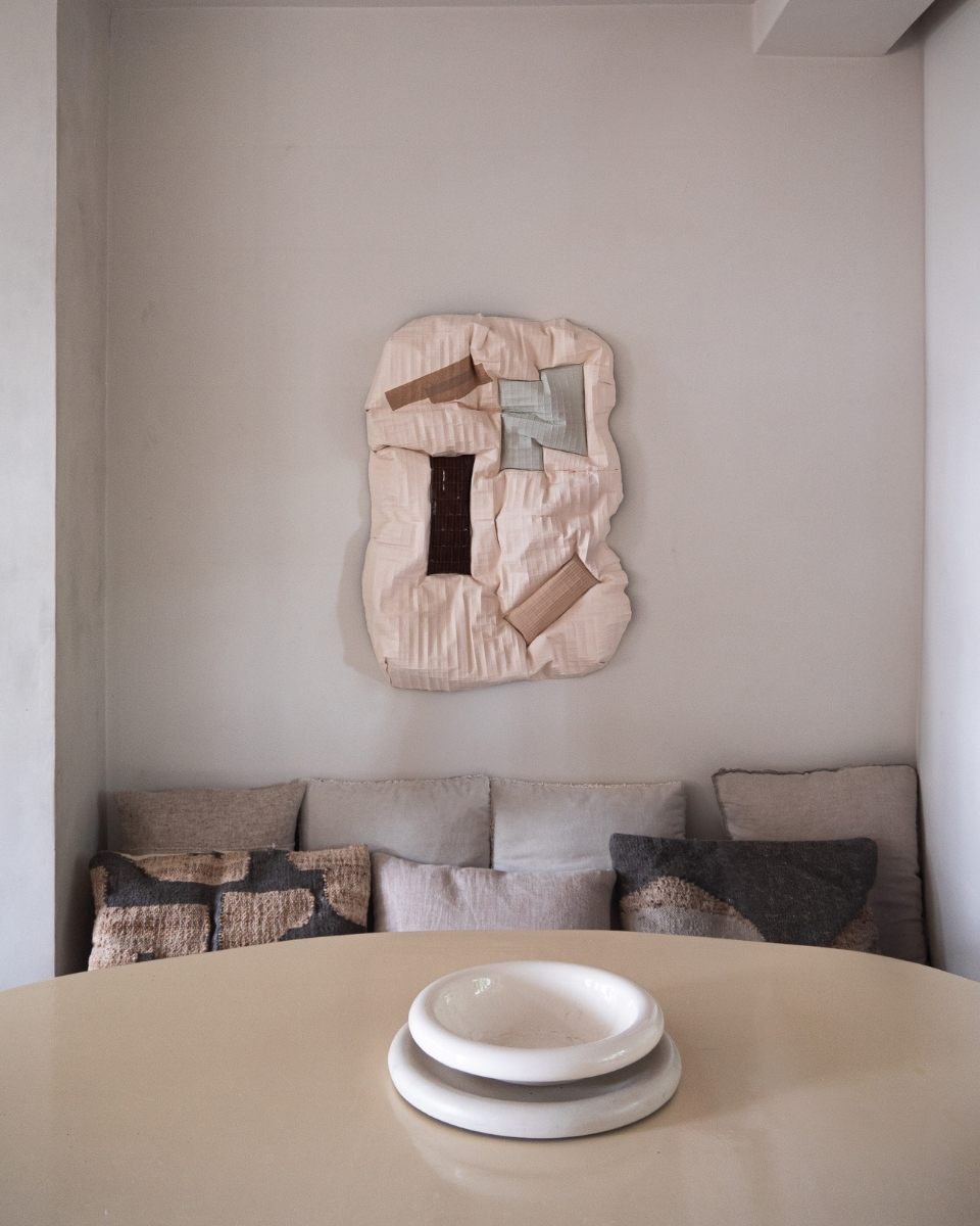 A styled interior shot of 'Soft' by Tom Collison, a textured work colour-matched to a contemporary living room palette.