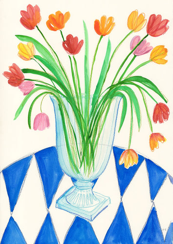 Marylebone Tulips On Blue Table Cloth Print | Frances Costelloe | Limited Edition Giclee Print | Partnership Editions
