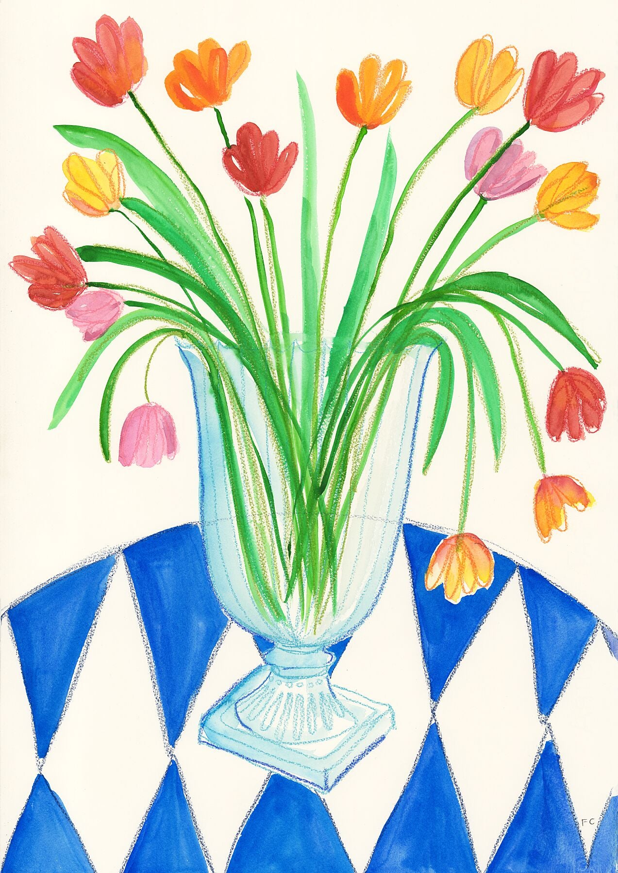 Marylebone Tulips On Blue Table Cloth Print (Framed)