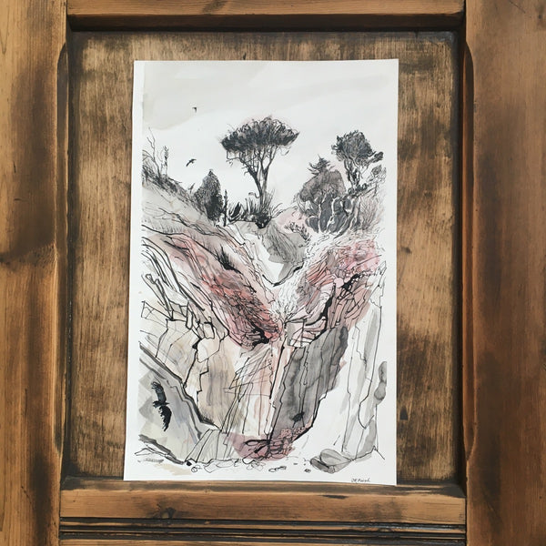 Valley Beach Cliffs | Josephine Birch for Partnership Editions | Pen, ink and watercolour