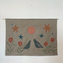 Load image into Gallery viewer, Playfully designed wall hanging by the rising artist Julianna Byrne titled Blackbirds and Dahlia Moon.