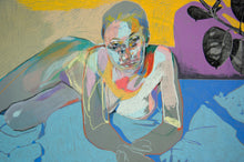 Load image into Gallery viewer, Multi Face Reclining Nude on Grey with Blue Sheet &amp; Yellow Wall | Hester Finch | Original Artwork | Partnership Editions