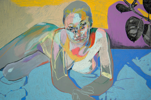 Multi Face Reclining Nude on Grey with Blue Sheet & Yellow Wall | Hester Finch | Original Artwork | Partnership Editions