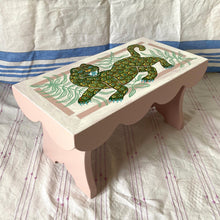 Load image into Gallery viewer, Pale pink and deep green painted stool by Camilla Perkins titled Green Leopard Stool.