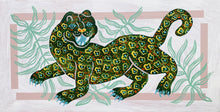 Load image into Gallery viewer, Hand made, hand painted wooden stool featuring stylised green leopard.