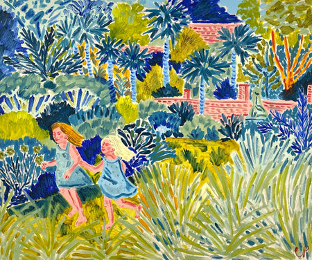 Sisters Run Past the Palms (Framed)