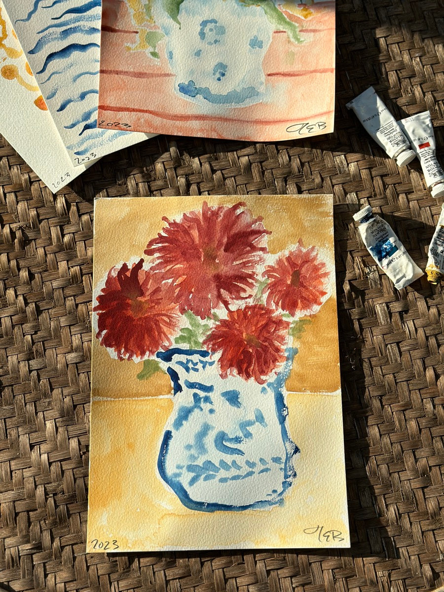 Dahlias In A Blue Vase