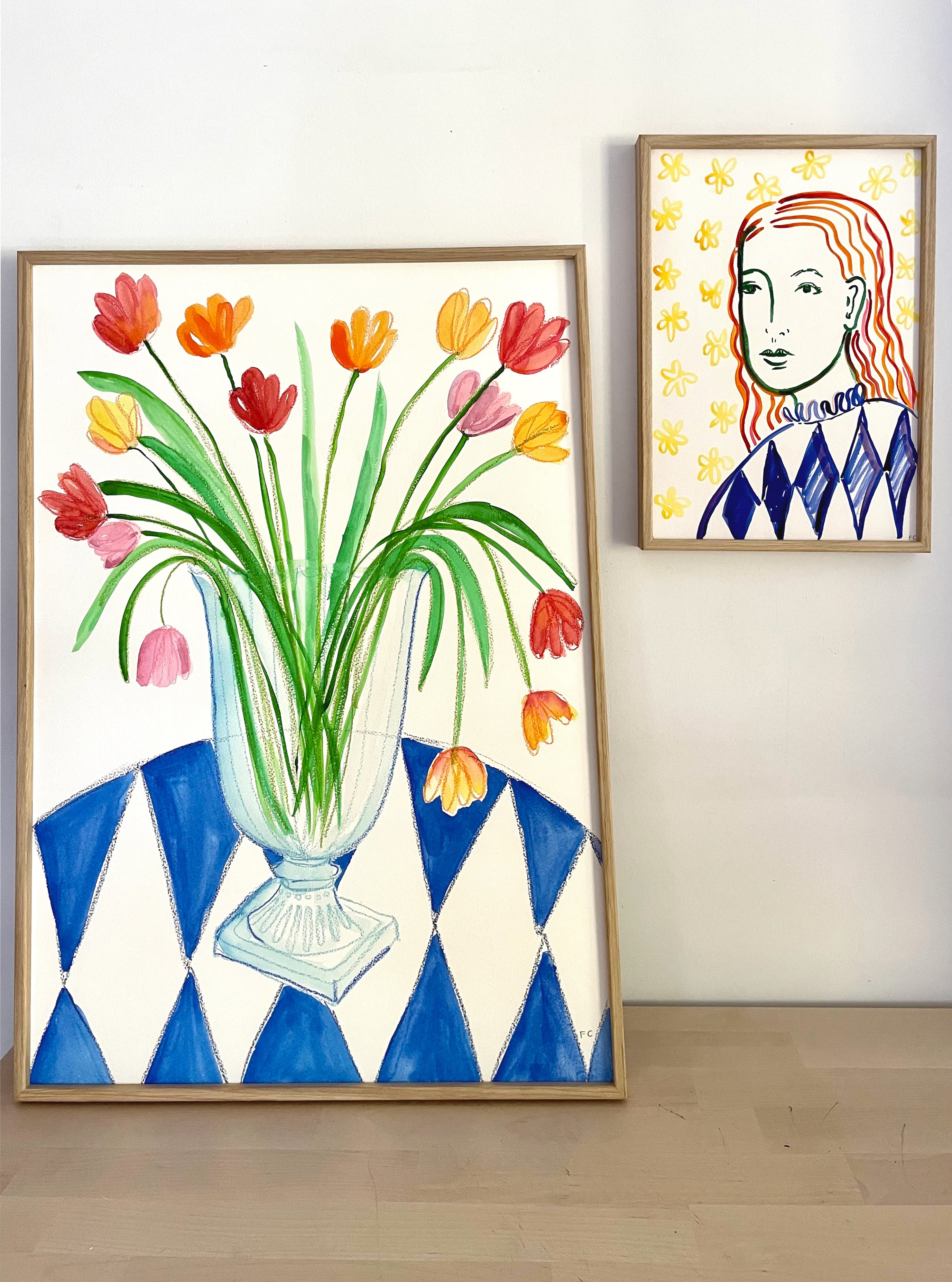 Marylebone Tulips On Blue Table Cloth Print (Framed)