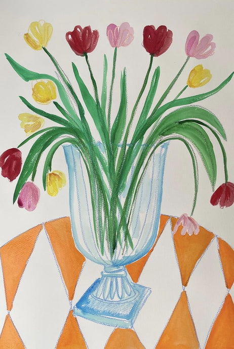 Marylebone tulips with orange table cloth | Frances Costelloe | Original Artwork | Partnership Editions