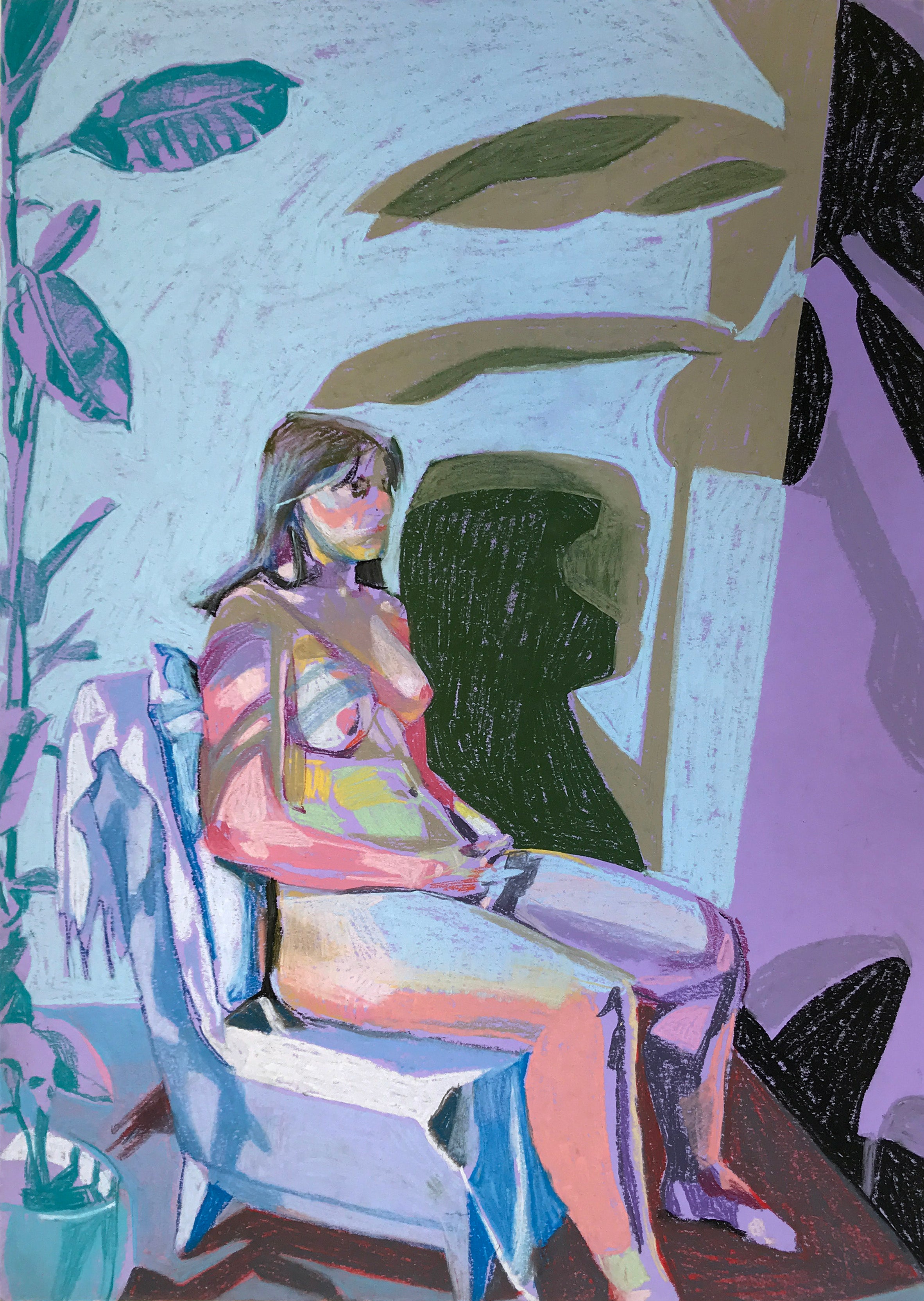 Nude on Purple with Blue Wall and Blue Plant | Hester Finch | Print | Partnership Editions
