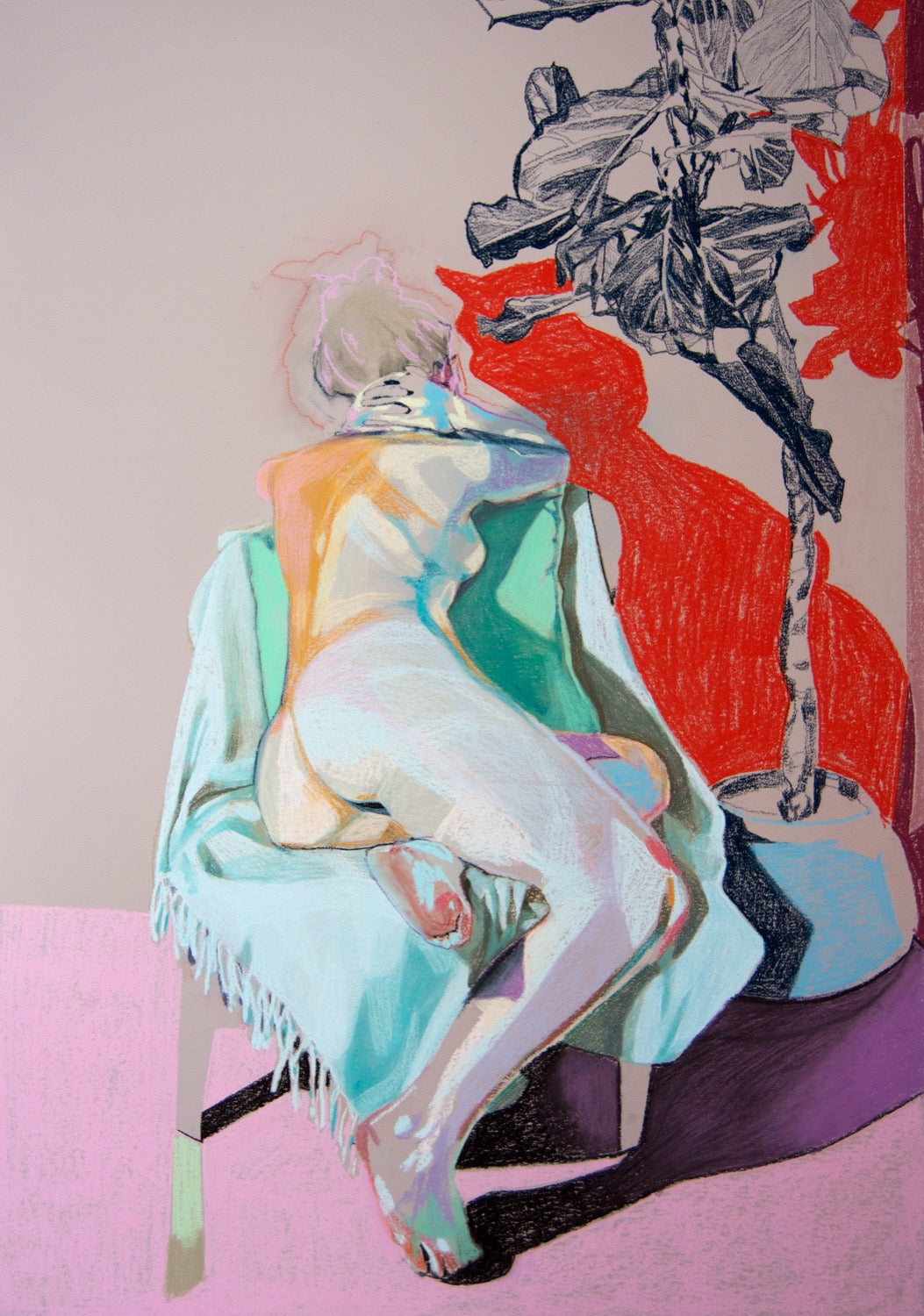 Nude on Gret with Red Shadow & Blue Plant | Hester Finch | Original Artwork | Pastel on Paper | Partnership Editions