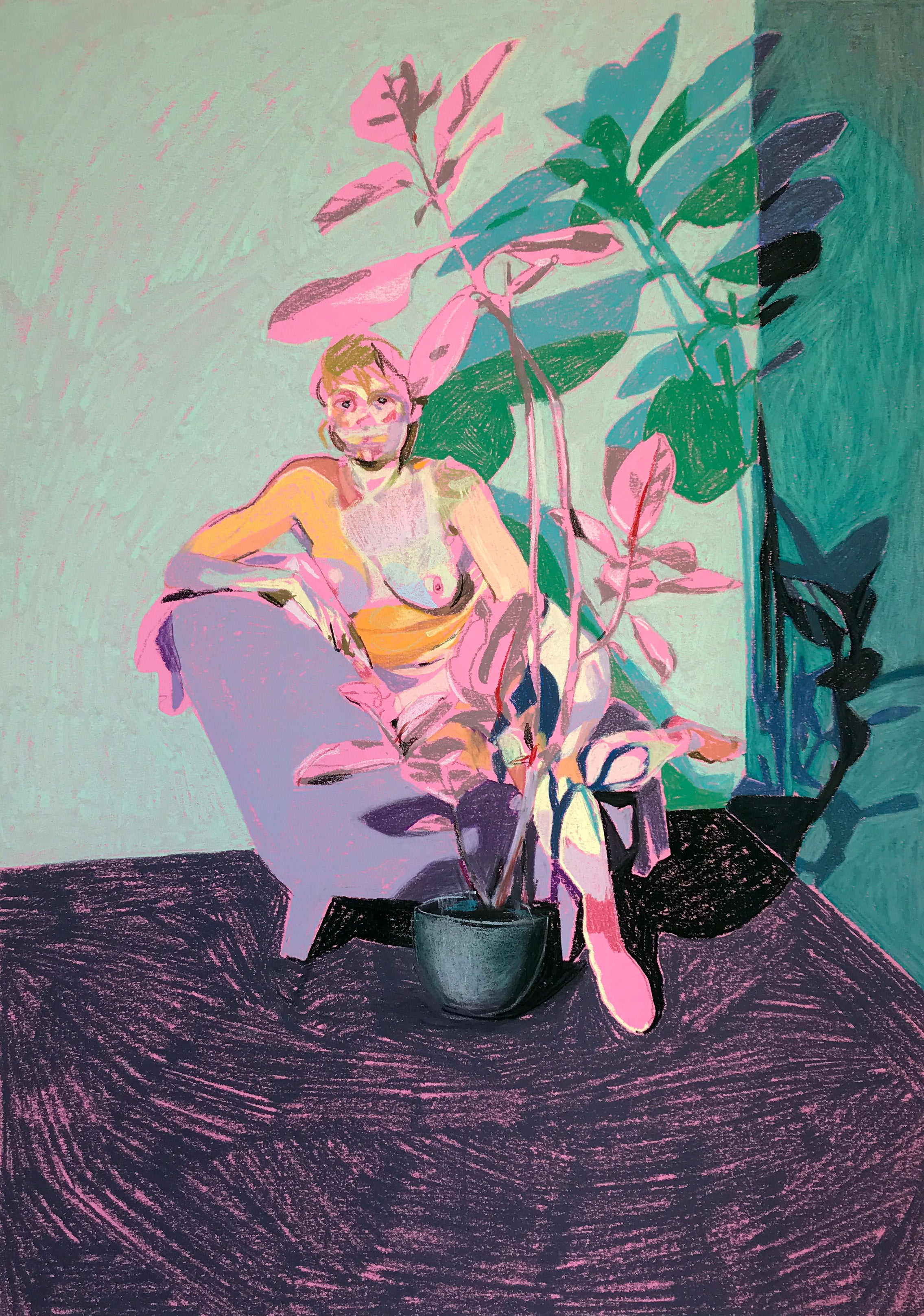 Nude on Pink with Rubber Plant