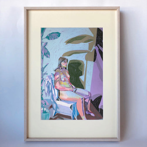 Framed Nude on Purple with Blue Wall and Blue Plant Print