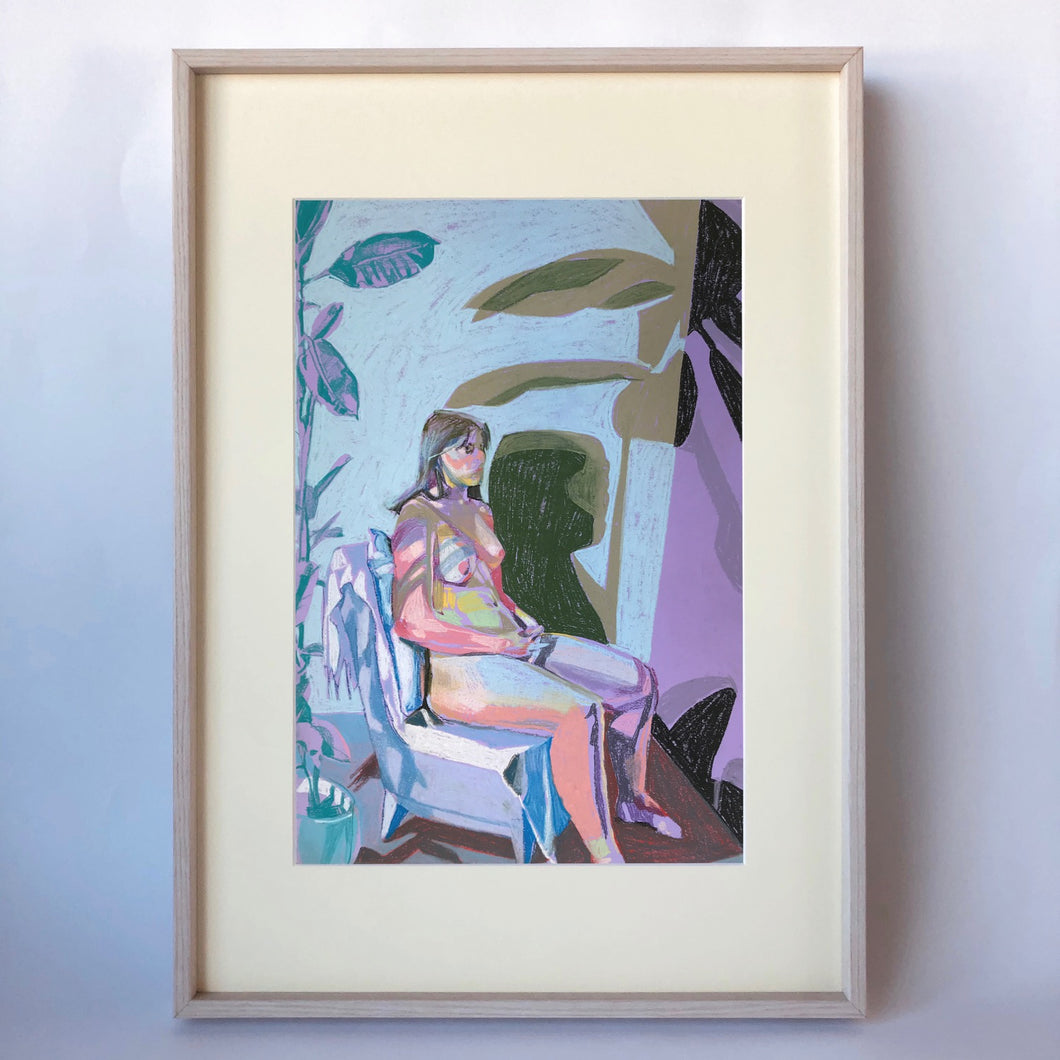 Framed Nude on Purple with Blue Wall and Blue Plant Print