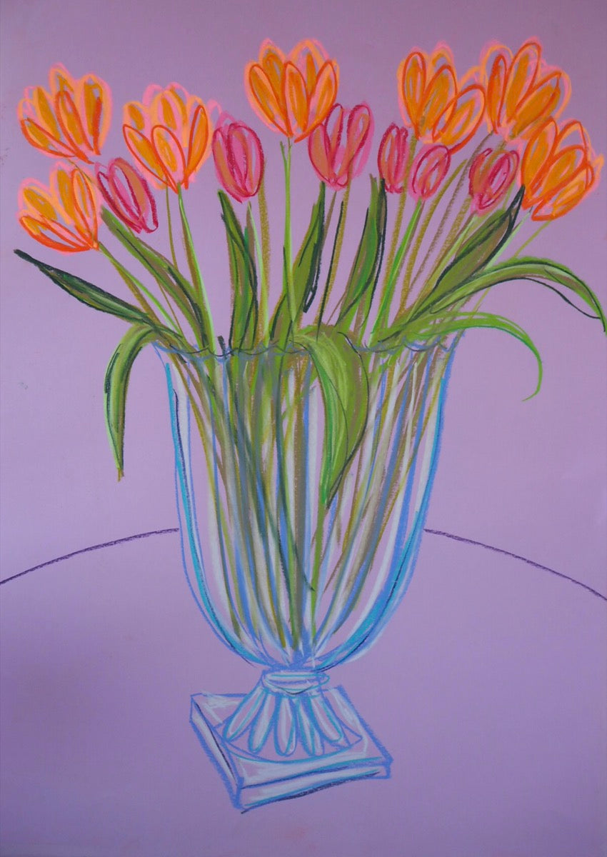 Orange And Pink Tulips On Lilac Ground