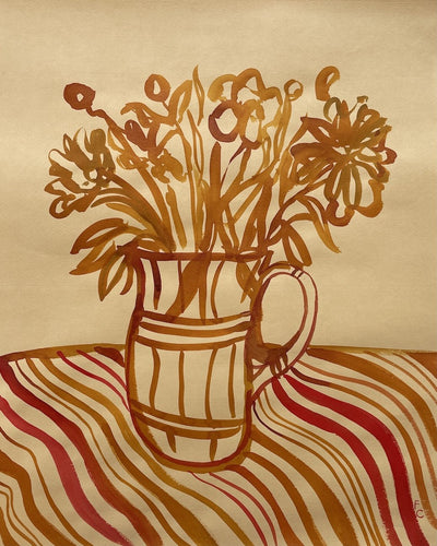 Peonies on orange with wavy table cloth | Frances Costelloe | Original Artwork | Partnership Editions