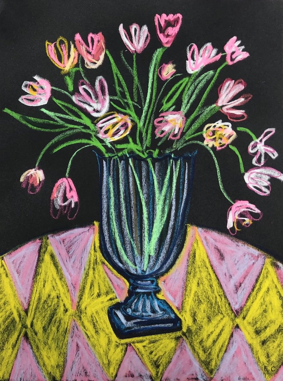 Pink tulips on charcoal ground | Frances Costelloe | Original Artwork | Partnership Editions