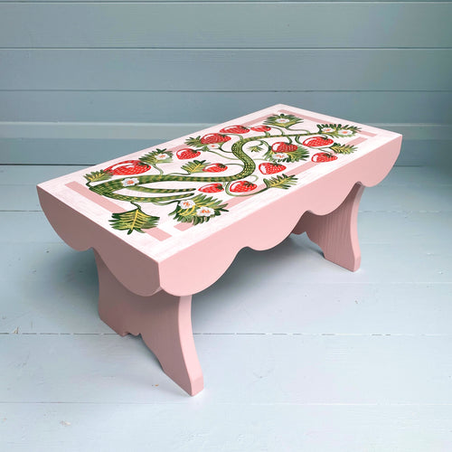 Orignial hand painted wooden stool by the talented artist Camilla Perkins featuring floral motifs and strawberry design.