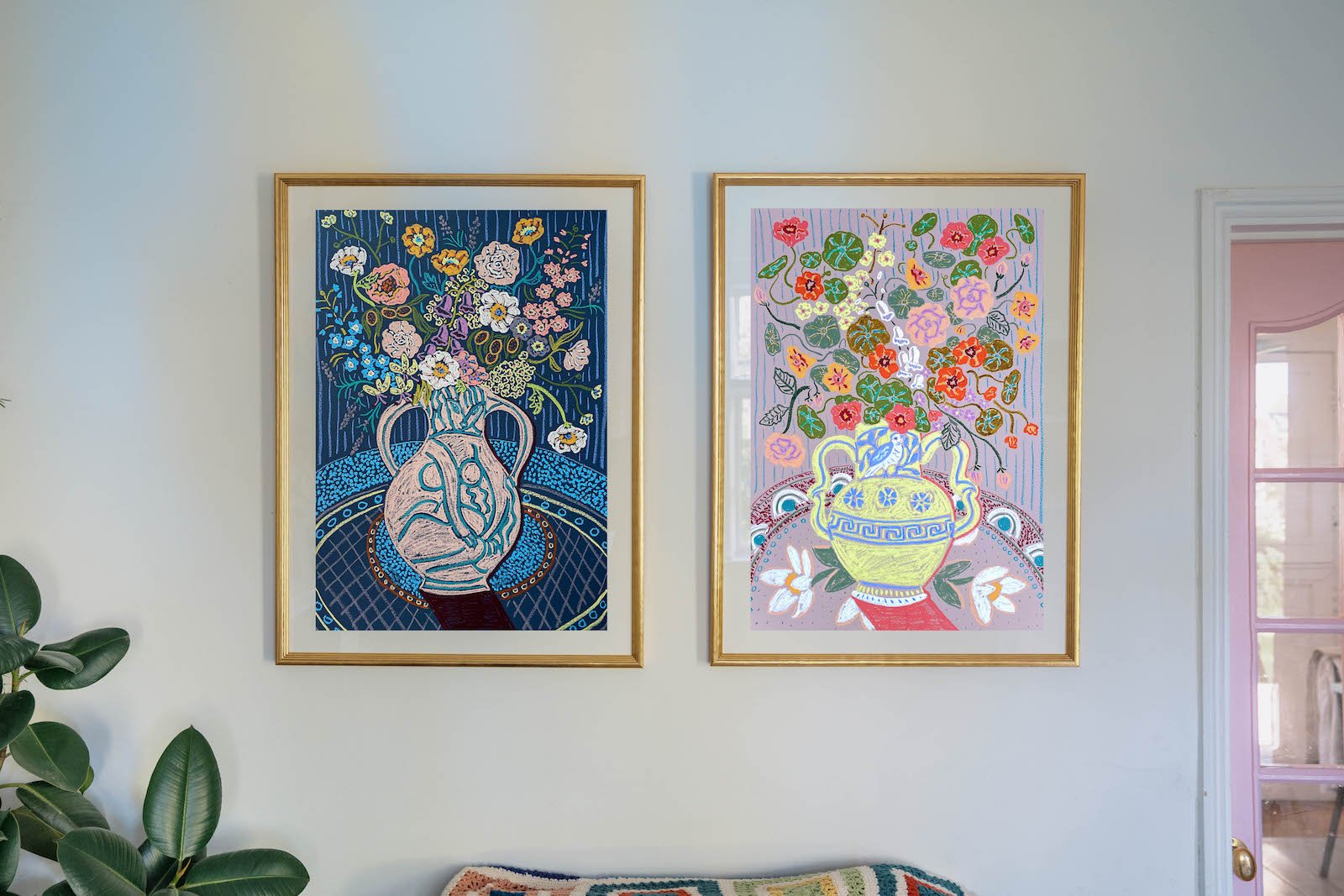 Botanical duo of original artworks by colourful fine artist Camilla Perkins.
