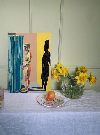 Standing Nude on Yellow with Blue Curtain