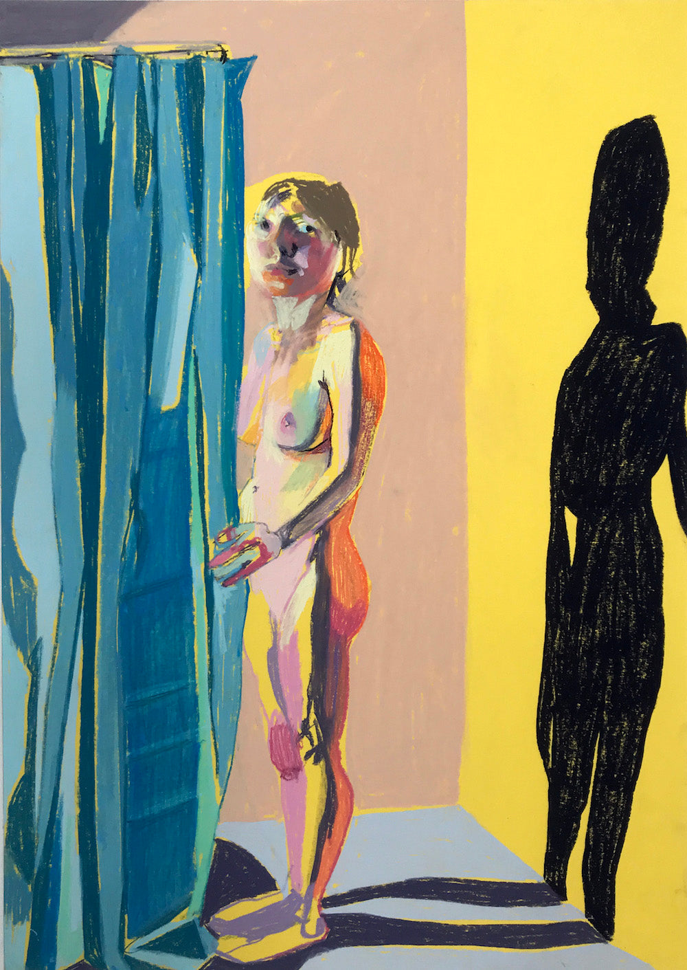 Standing Nude on Yellow with Blue Curtain