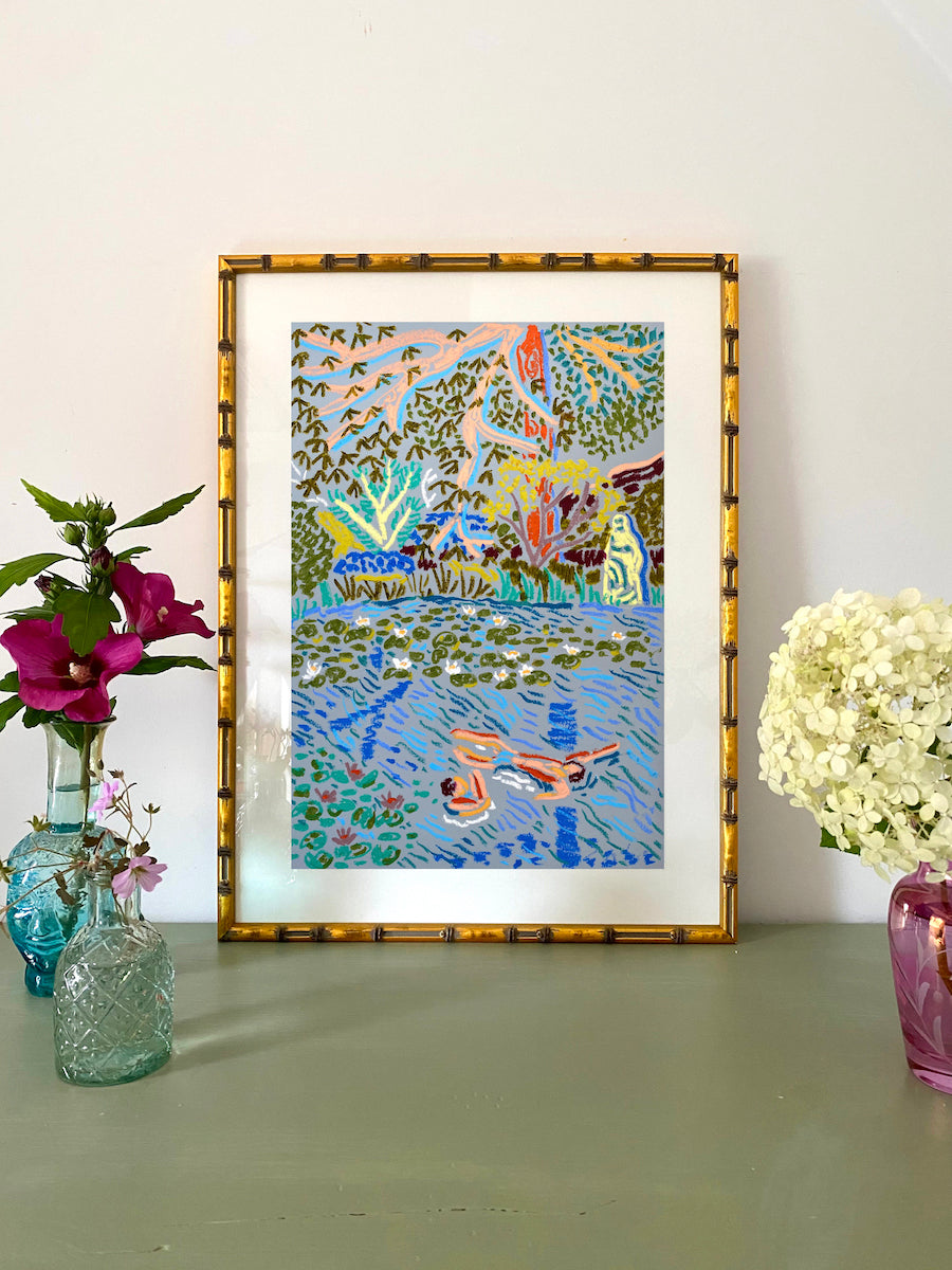 Twilight Bathers by Camilla Perkins framed in bamboo gold frame, available from Partnership Editions.