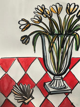 Load image into Gallery viewer, Tulips and scallop shell on checked table | Frances Costelloe | Original Artwork | Partnership Editions