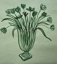 Load image into Gallery viewer, Tulips on green in bottle green ink | Frances Costelloe | Original Artwork | Partnership Editions
