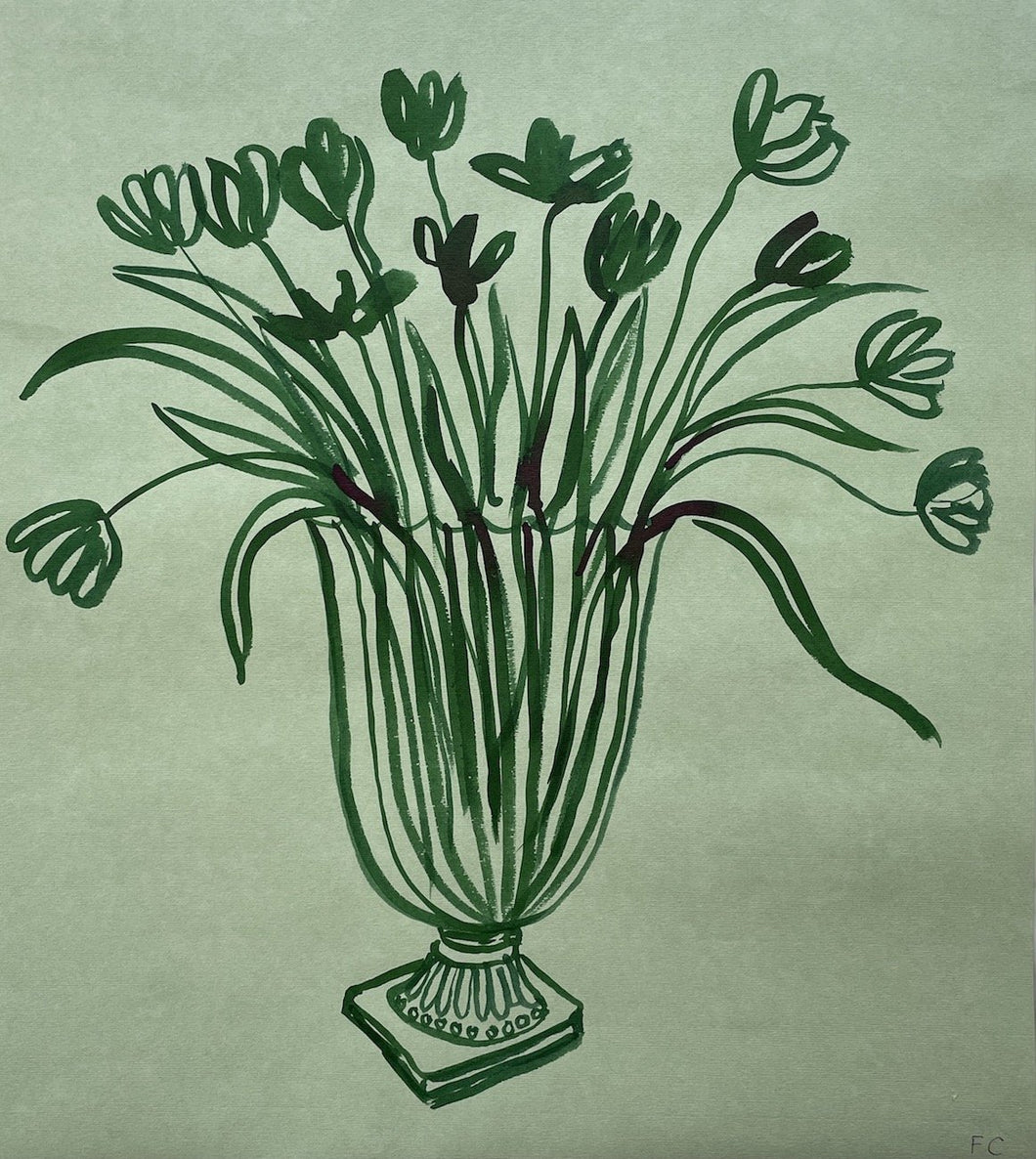 Tulips on green in bottle green ink | Frances Costelloe | Original Artwork | Partnership Editions