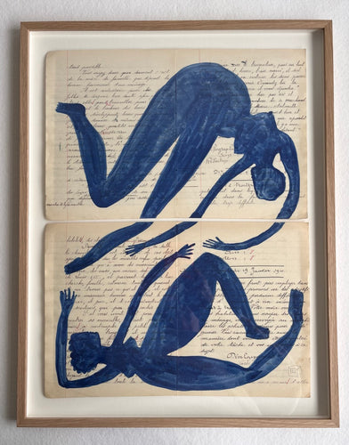 Two blue figures puzzle on a 1909 French school notebook (Framed)