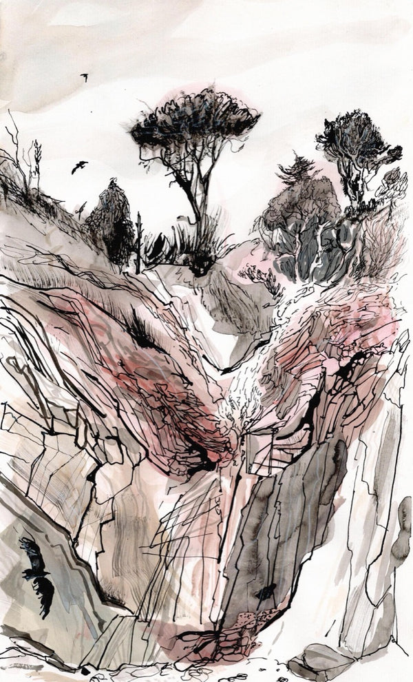 Valley Beach Cliffs | Josephine Birch for Partnership Editions | Pen, ink and watercolour