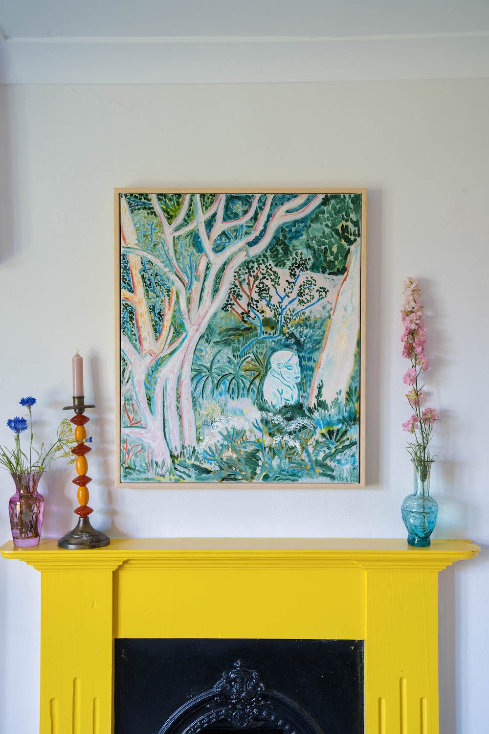 Colourful artwork by Camilla Perkins framed in birch moulding.