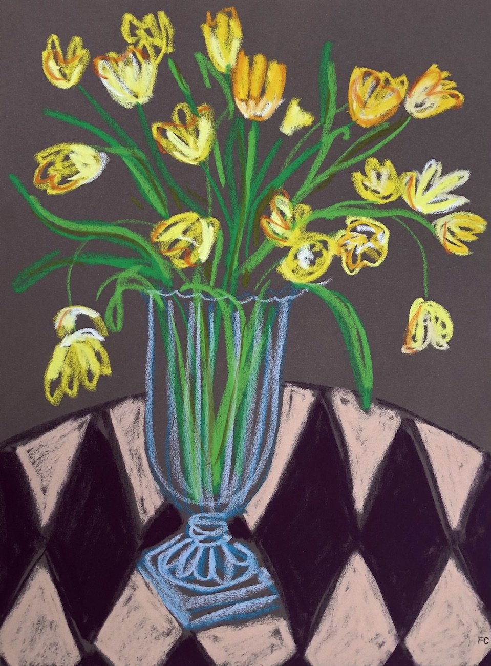 Yellow tulips on harlequin table | Frances Costelloe | Original Artwork | Partnership Editions