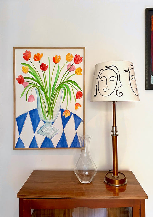 FRAMED Marylebone Tulips On Blue Table Cloth Print | Frances Costelloe | Limited Edition Giclee Print | Partnership Editions