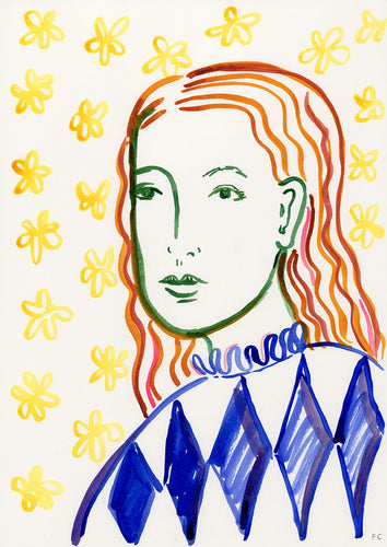 Rainbow Harlequin Girl With Yellow Flowers Print | Frances Costelloe | Limited Edition Giclee Print | Partnership Editions
