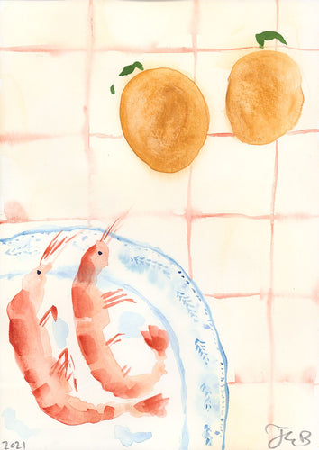 Shrimp On Blue Plate Print | Julianna Byrne | Limited Edition Giclee Print | Partnership Editions